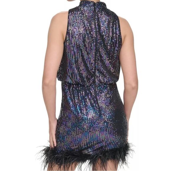 NWT Eliza J Sequin mini Dress with Feather Trim, 10 - Picture 3 of 13